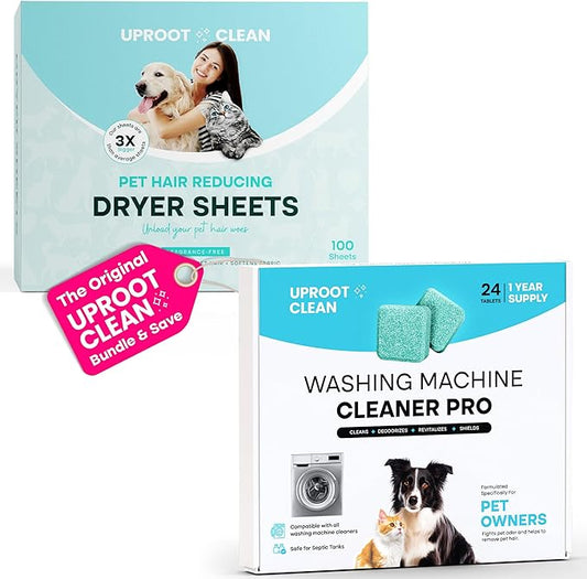 Uproot Clean Washing Machine Cleaner Tablets Pro & Dryer Sheets Pet Hair Reduction Set: Anti-Static Sheets Pet Hair Remover for Laundry & Washer Machine Cleaning Tablets - Spotless Laundry Every Time