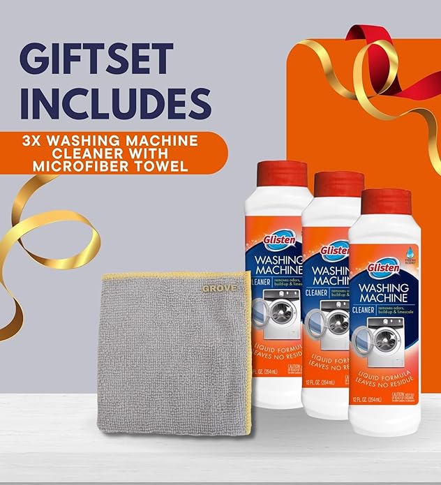 Glisten Washing Machine Cleaner 12 oz Bundle with Microfiber Cloth - Powerful Washer Cleaner for Removing Odor and Mineral Build-Up - Laundry Machine Cleaner - Deodorizes & Freshens - (4 Items)