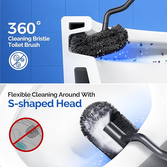 HAMITOR Toilet Brush and Holder Set: 304 Stainless Steel Rustproof Toilet Scrubber with Under Rim Deep Cleaning Curved Bristle - Bathroom Cleaner Brush for Renters Homeowners Family Silver 2 Pack