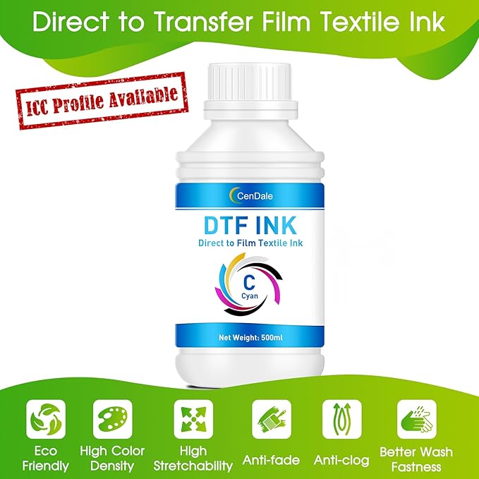 CenDale Premium DTF Cyan Ink - 500ML DTF Transfer Ink for PET Film, Refill DTF Ink Cyan for Epson ET-8550, L1800, L800, R2400, R1390, P400, P800, XP15000, Heat Transfer Printing Direct to Film