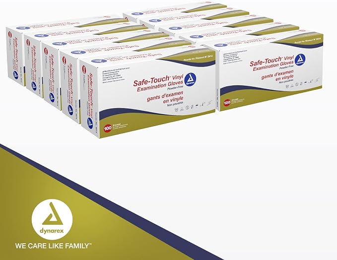 Dynarex Safe-Touch Vinyl Disposable Exam Gloves, Powder-Free, Food Safety and Compliance, Ambidextrous, Clear, X-Large, 1 Case, 10 Boxes of 100 Gloves
