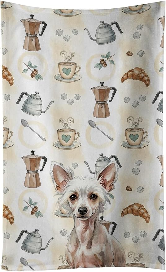 Caroline's Treasures Hairless Chinese Crested Coffee Bar Kitchen Towel Velour Plush Front and Cotton Loop Back Machine Washable