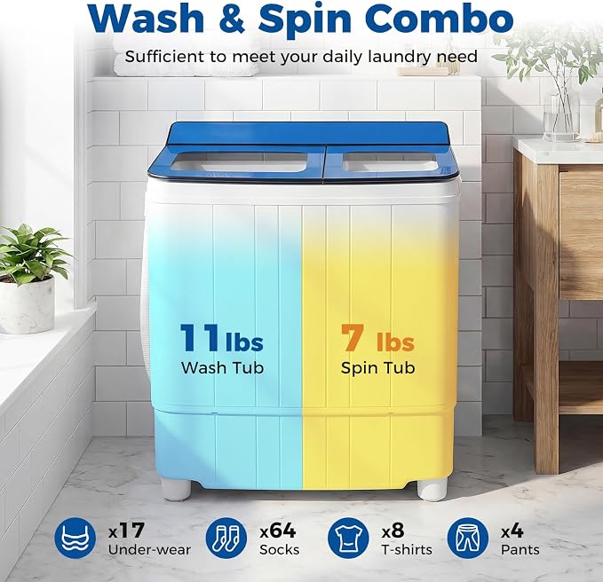 Giantex Portable Washing Machine, 18LBS Twin Tub Mini Compact Laundry Washer Spinner Combo with Drain Pump, 11Lbs Washer and 7Lbs Spinner for Apartments, RVs, Dorms, Blue+White