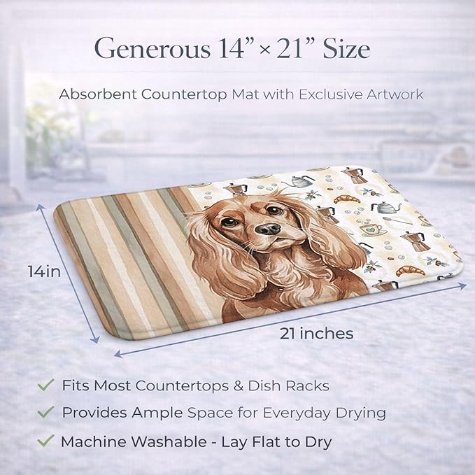 Caroline's Treasures Ruby Cavalier Spaniel Coffee Bar Dish Drying Mat Absorbent Dish Drying Mat Pad for Kitchen Counter Dish Drainer Mat for Countertop, 14 x 21", Multicolor