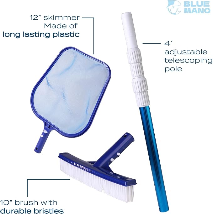 Blue Mano 6 Piece Spa & Pool Cleaning Kit - 10" Vacuum Head, 12" Leaf Skimmer, 10" Pool Brush, 4FT Telescopic Aluminum Pole & Small Chlorine Dispenser - for Spas & Small Pools