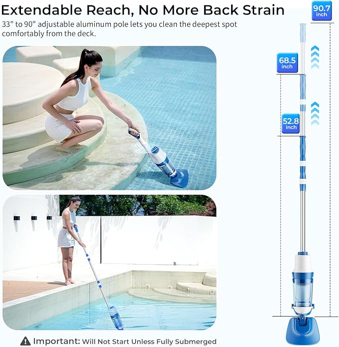 Pool Vacuum for Above Ground Pool, 1427 GPH Powerful Stable Suction, Telescopic Pole up to 90.7", 1H Runtime, Cordless Pool Vacuum for Inground Pools, Extra-Large Filter, Ideal for Leaves/Sand/Debris