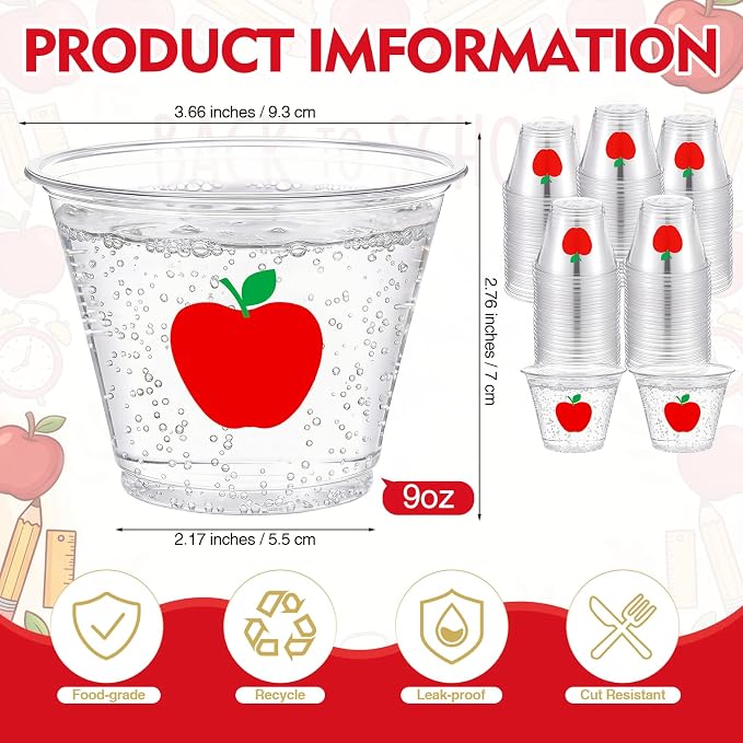 LemonRoad 100 Pack Apple Theme Cups Back to School Party Supplies 9 oz Red Apple Disposable Clear Plastic Cocktail Cups Hot Cold Beverage Drinks for Classroom First Day of School Table Decorations