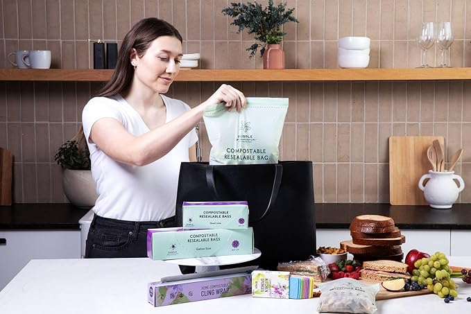100% Certified Compostable Gallon Bags (30 Counts), Resealable BioBased, Leak Proof And Freezer Safe, Extra Strength Storage, Also Available Gallon, Snack and Sandwich Size Bags (Gallon) | Biobased, Leak-Proof, Durable, Freezer-Safe, Extra Strong