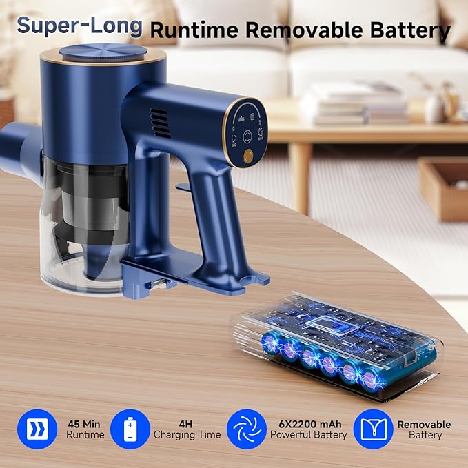 Cordless Stick Vacuum Cleaner - 45KPA Powerful Suction Vacuum with 45 Min Runtime, Detachable Battery, Anti-Tangle & 1.5L Dust Cup, 8 in 1 Vacuum Cleaner for Pet Hair, Carpet, HardFloor, Blue