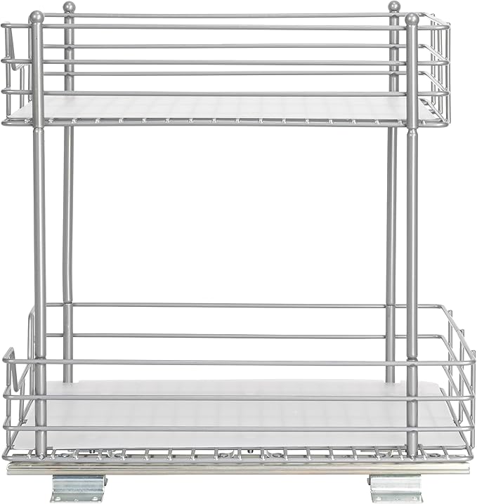 Household Essentials Glidez Steel Pull-Out/Slide-Out Storage Organizer with Plastic Liners for Under Cabinet or Wire Shelf Use - 2-Tier Design - Fits Standard Size Cabinet or Shelf, Brushed Silver