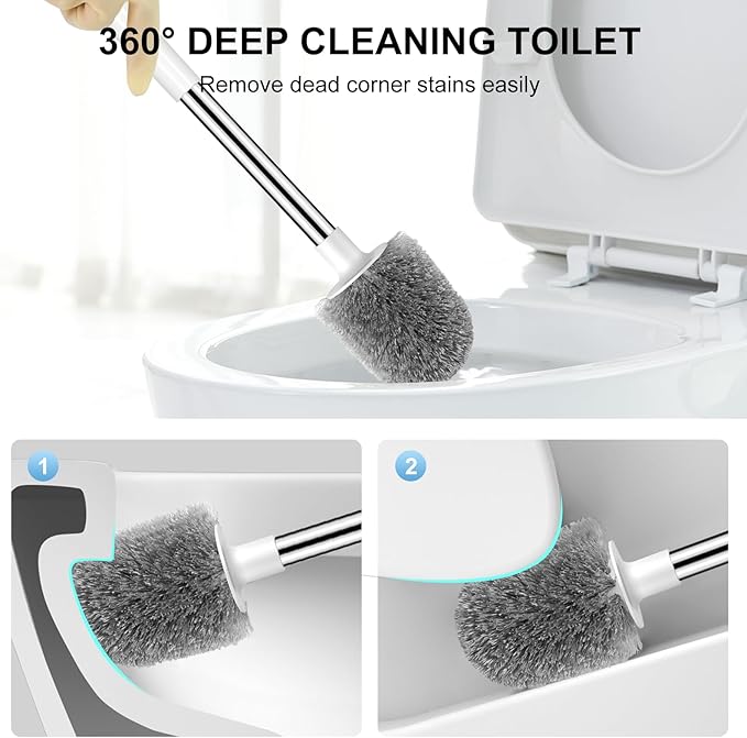 SetSail Toilet Brush 2 Pack, Self Closing Lid Toilet Bowl Brushes Holder and Extra Long Handle Ventilated Toilet Brush Set for Bathroom Cleaning, Nylon Bristles, Pure White