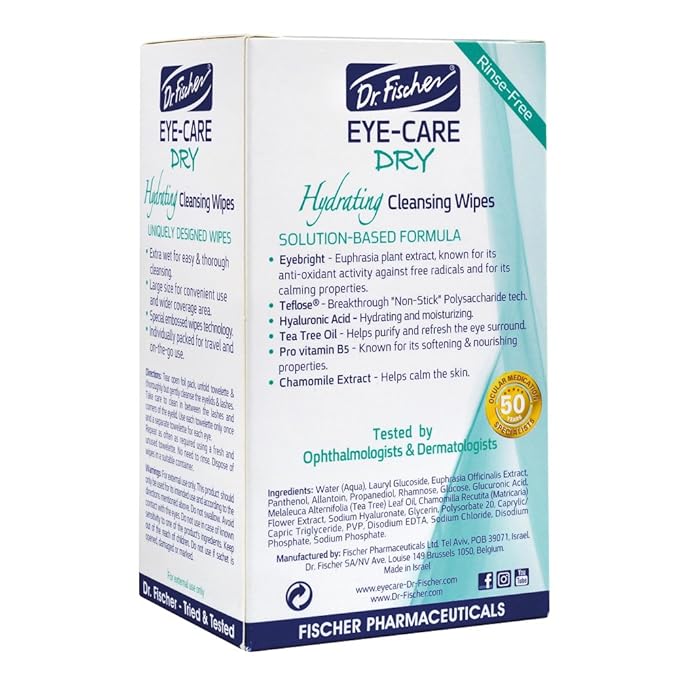 Dr. Fischer Tea Tree Eyelid Wipes for Dry Eyes - Gentle Eye Wipes for Everyday Eye Conditions and Hypoallergenic Makeup Remover (60 Wipes)
