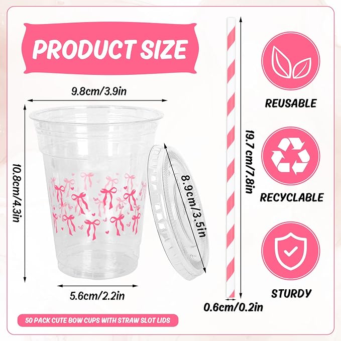 JarThenaAMCS 50Pcs Pink Bow Disposable Plastic Cups with Lids and Straws 12oz Cute Bow Heart Cold Beverage Drinking Cups for Bridal Shower Wedding Birthday Party Supplies