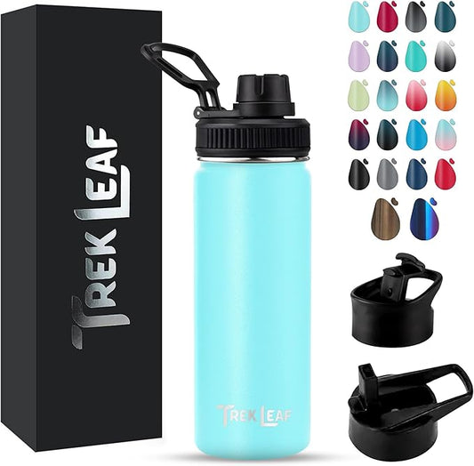 Travel Water Bottle with 3 Lids (Spout, Straw, Flip) Leak Proof, Quality, Vacuum Insulated, Stainless Steel (Caribbean, 18 oz)
