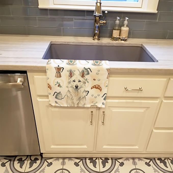 Caroline's Treasures White German Shepherd Coffee Bar Kitchen Towel Velour Plush Front and Cotton Loop Back Machine Washable