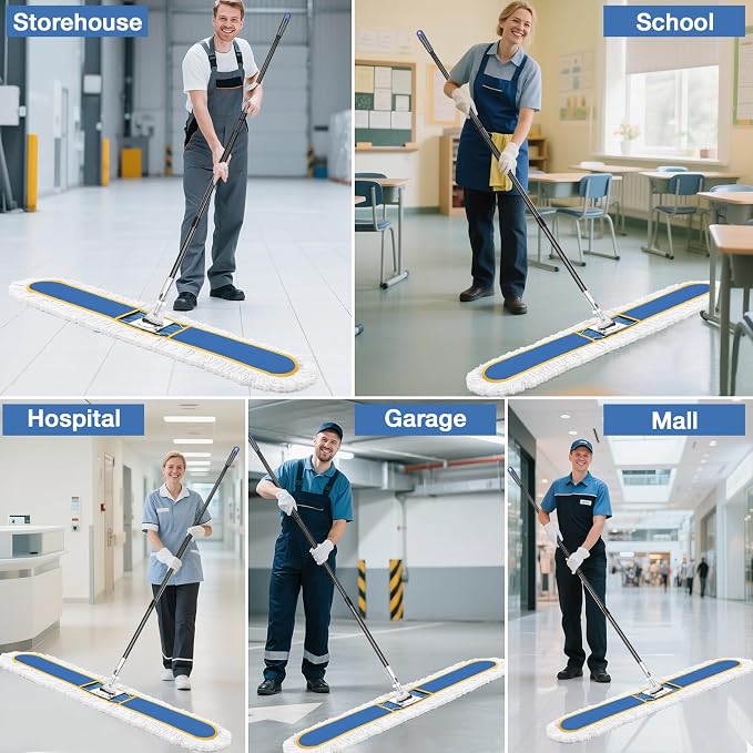 CLDREAM 48" Large Commercial Industrial Dust Mop for Floor Cleaning | 2 Washable Cotton Mops Pads/Wet Dry Floor Duster Broom for Hardwood Floors Marble Laminate Tile Concrete Garage/Blue