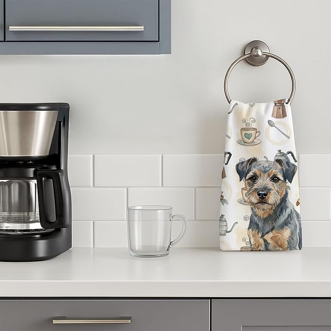 Caroline's Treasures Blue and Tan Border Terrier Coffee Bar Kitchen Towel Velour Plush Front and Cotton Loop Back Machine Washable