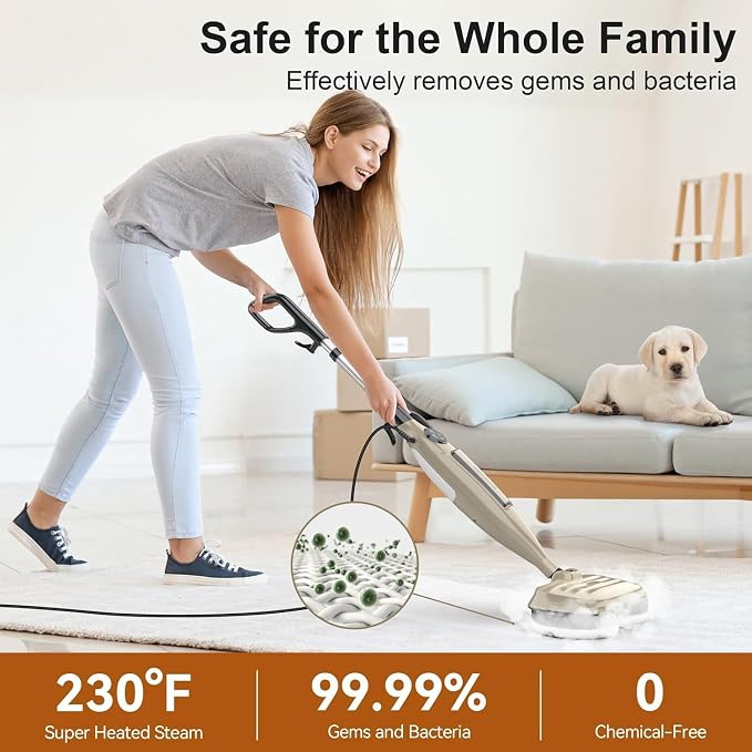 DEVOAC VM6 Scrubbing Steam Mop with Rotating Mop Pads, 10 in 1 Steam Mop, Lightweight Spin Mop & 3 Steam Modes for Hard Floor Laminate Marble Floors (Champagne)