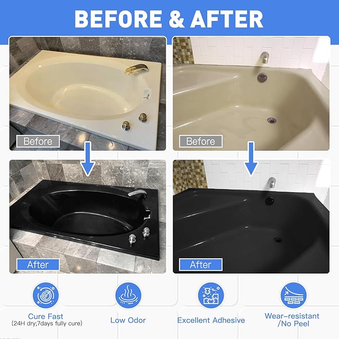 DWIL Tub and Tile Refinishing Kit, Quick-Dry Tub Paint Water Based Tile Paint for Wall, Sink, Bathroom, Kitchen, Semi-Gloss Black, 50-55sq.ft, 33oz