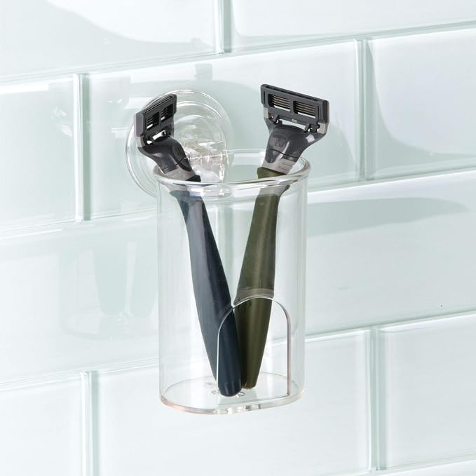 iDesign Plastic Suction Tumbler Cup and Bathroom Organizer for Mirror or Shower Storage – 3" x 3.5" x 4.5", Clear