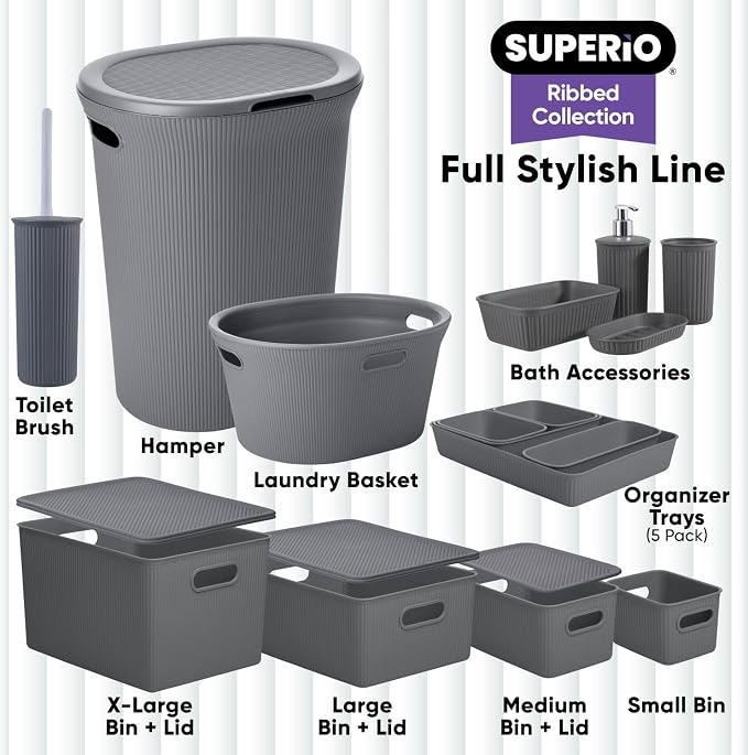 Superio Ribbed Collection - Decorative Plastic Toilet Bowl Brush and Holder Set, Grey (1 Pack) Cleaner Scrubber for Bathroom