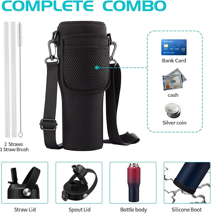 Insulated Water Bottle 32/40 oz - Cold-48h & Hot-24h Stainless Steel Vacuum Flask with Straw & Pop-up Chug Lid, Slim Insulated Water Bottle that Fits in Cup Holder, Wide Mouth Hydro Metal Thermal Cups