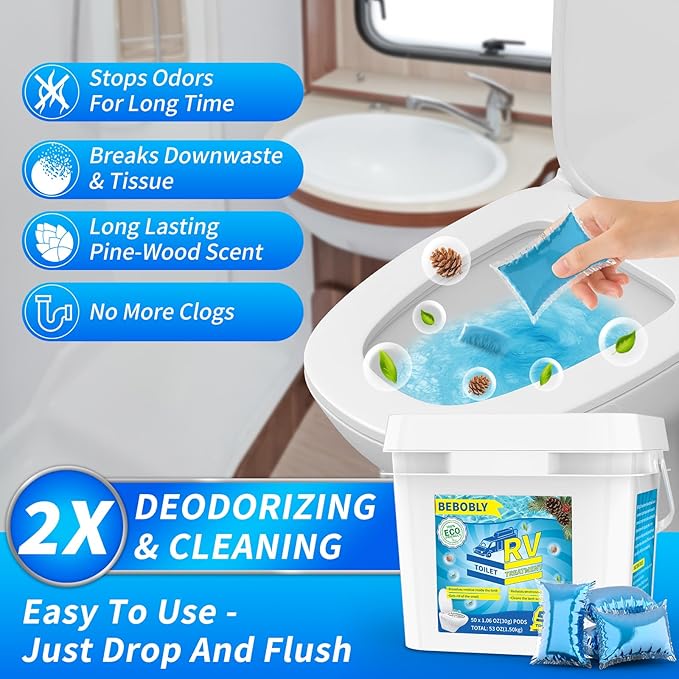 BEBOBLY RV Toilet Treatment Drop Ins, Extra Strength Septic Tank Treatment & Cleaner, Waste Breakdown/Odor Control, RV Black Tank Treatment for RVs, Boats & Portable Toilets, Odor Eliminator (50 Pack)