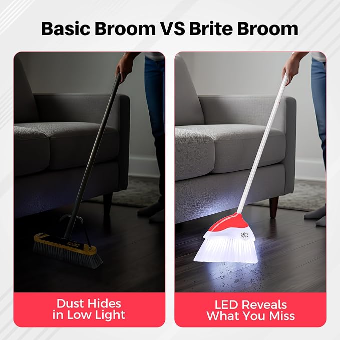 Indoor Broom with LED Lights | Angle Broom for Dark Corners & Low Light Areas | Soft Bristle, Adjustable Long Handle | Floor Sweeper for Kitchen, Room, Office & Garage (White)