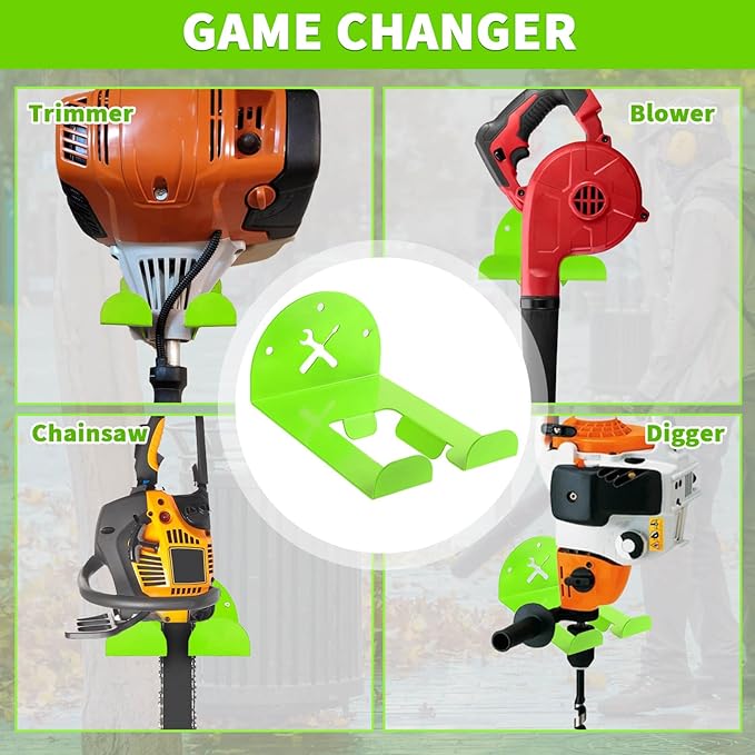 Upgraded Trimmer Rack Wall Mount - 8" Heavy Duty Weed Eater Hanger for Garage Wall, Garden Power Tool Holder Organizer Hooks for Grass Trimmer, Hedge Trimmer, Leaf Blower and Chainsaw, Green, 3 Pack