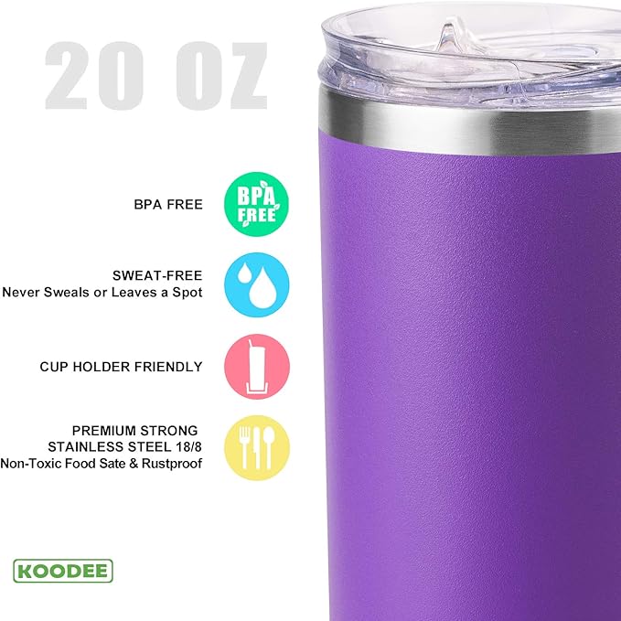 koodee 20 oz Skinny Tumbler with Straw, Stainless Steel Double Wall Insulated Slim Tumbler for Women/Men Diy Birthday Gift (Purple)