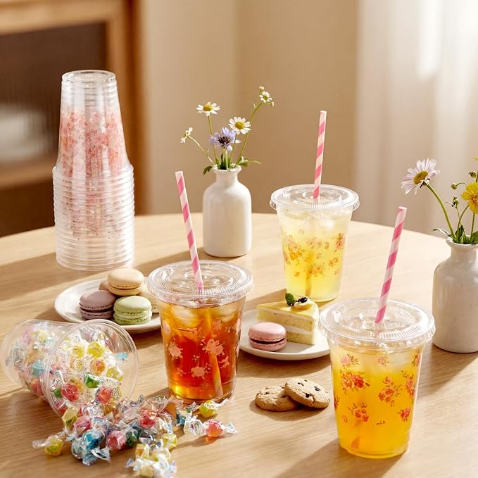 FoldTier 100 Pcs 12 oz Pink Floral Plastic Cups with Lids and Straws - Tea Party Disposable Cold Drink Cups for Baby Bloom Baby Shower, Love in Bloom Bridal Shower, Flower Graduation Party Decoration