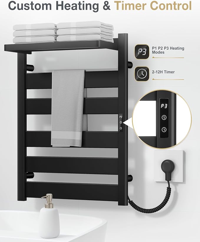 Heated Towel Rack for Bathroom, Wall Mounted Towel Warmer with Top Shelf, Fast PTC Heating in 6 Minutes, 4 Temperature Levels 110–170°F, 2–12H Timer, Space Aluminum Electric Towel Warmer Rack, 350W