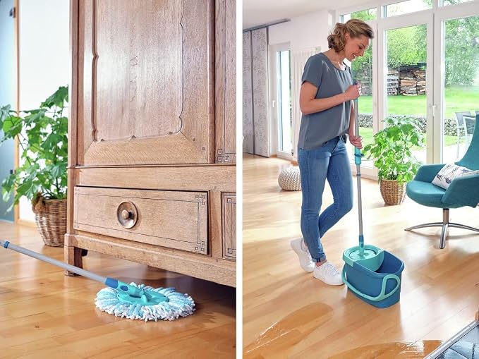 Leifheit Clean Twist Disc Mop Ergo Mop and Bucket, Floor Mop with Moisture-Controlled Spin Mop, Easy-Steer 360 Joint Microfibre Mop Head, 33cm Wide, Twist Mop