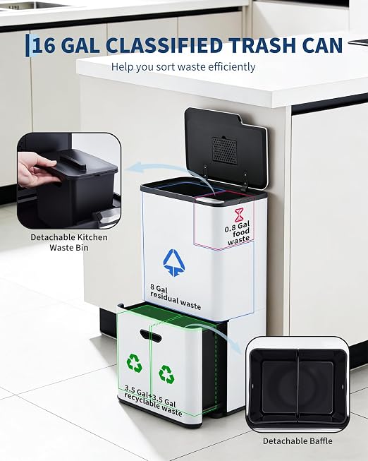Garvee 16 Gal Dual Trash Can for Kitchen, 2 Compartment (33l + 28l) Garbage Can with Compost Bin, Stainless Steel Trash and Recycle Bin Combo with Removable Inner Bucket, Odor Control, White