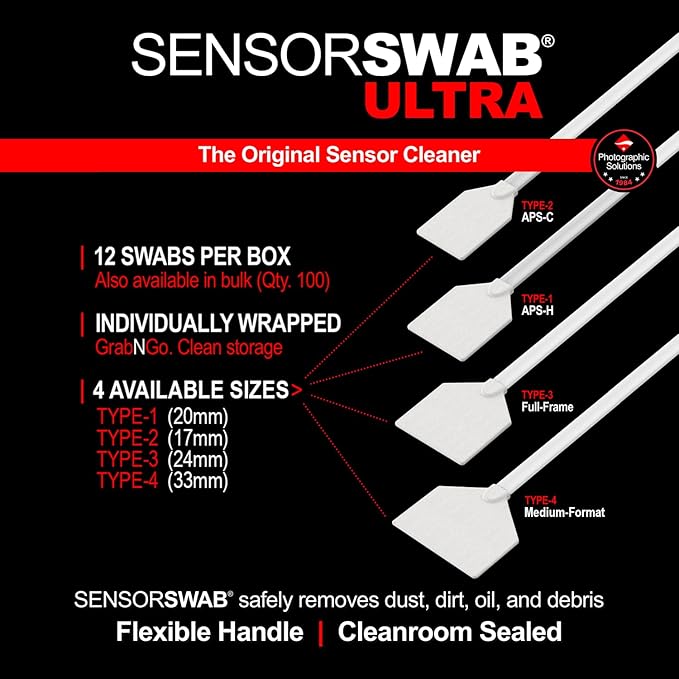 Photographic Solutions Sensor Swab Ultra 20mm Type-1 Digital Imaging Sensor Cleaner Swabs for Cleaning APS-H Mirrored or Mirrorless Cameras. Sensor Dust & Oil Remover (Pack of 12)