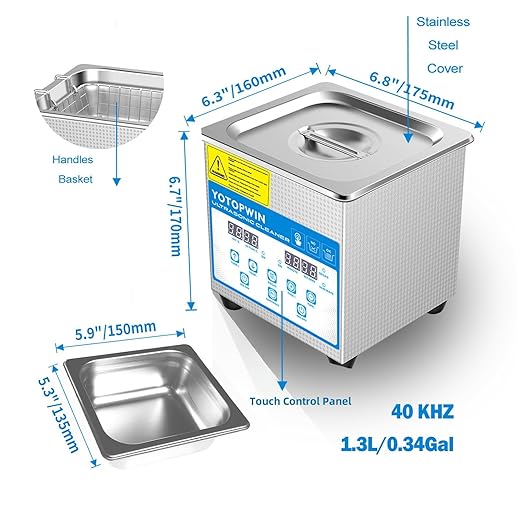 Professional Stainless Steel Heated Ultrasonic Cleaner Machine for Jewelry Glasses Watch Straps Dentures Carburetor Circuit Board Mouth Guard Precision Small Parts Cleaning Equipment (1.3L)