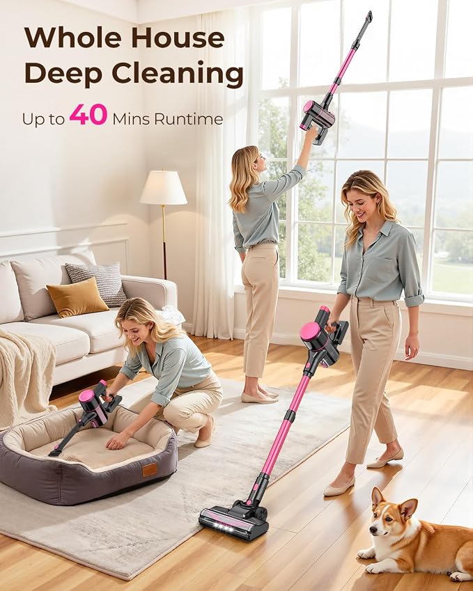UML0 N8 Cordless Vacuum Cleaner, Lightweight Stick Vacuum with Powerful Suction, 2200mAh Battery, 40 Mins Runtime, Self-Standing, Rechargeable Vacuum Cleaners for Home Hardwood Floor Carpet Pet Hair