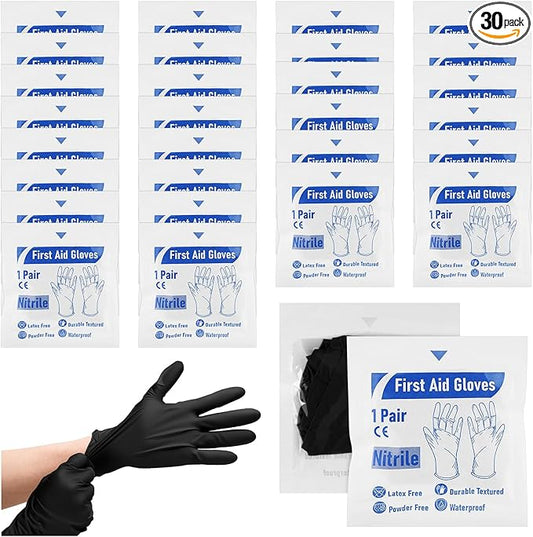 Chicingyou 30 Pairs Disposable Emergency Glove Individually Packaged Travel Gloves Travel Trauma Nitrile Essential Glove (Black)