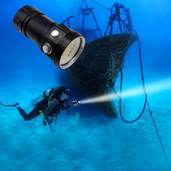 Diving Flashlight, 18000 Lumen IPX8 Waterproof Scuba Dive Light 100M Underwater LED Submersible Torch 120 Degree Wide Beam Angle With 3 Lights and 7 Modes for Outdoor Underwater Sports