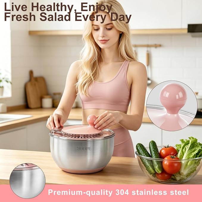 Stainless Steel Salad Spinner Large with 5 Blades Slicer, Lettuce Washer Spinner and Dryer, Vegetable Fruits Chopper Bowl, Egg Yolk Strainer, 5.3Qt Pink