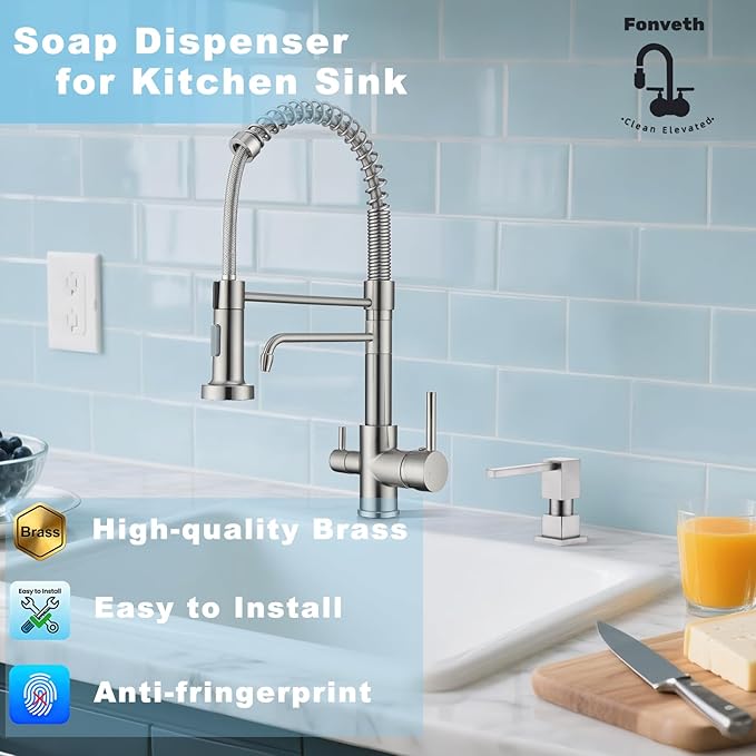 Built in Sink Soap Dispenser Dispenser Square with 47'' Long Tube, Brushed Brushed Nickel Brass Pump Head for Kitchen Sink with 17 oz Bottle