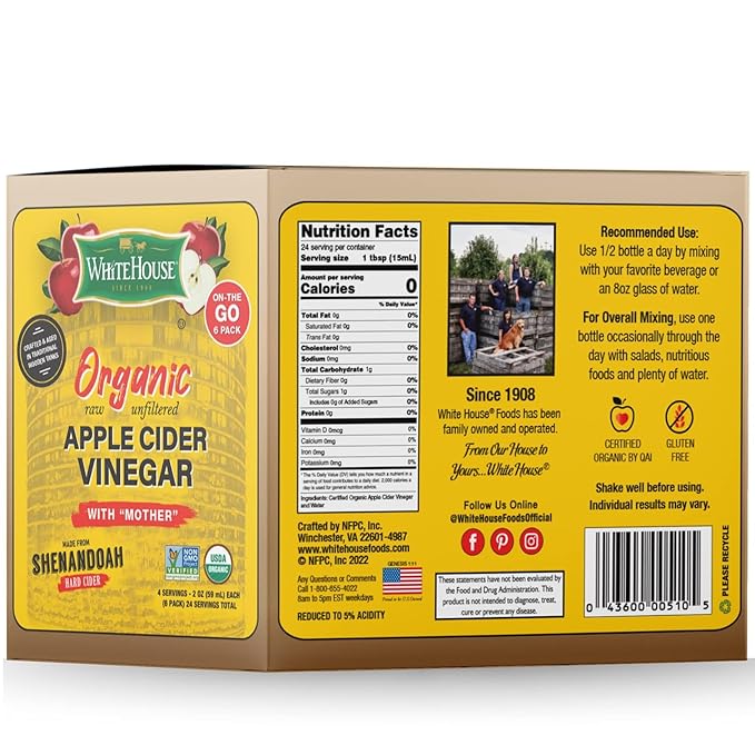 White House Organic Apple Cider Vinegar Shots, Raw Unfiltered, On the Go (Organic, Pack of 24)