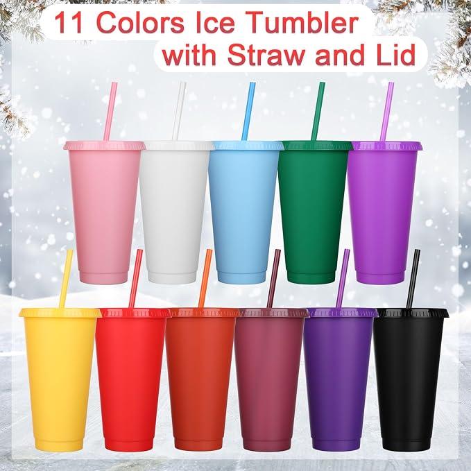 Honeydak 60 Pcs Tumbler with Straw and Lid Bulk Water Bottle Iced Coffee Travel Mug Cup Reusable Plastic Cups for Party Birthdays 24-27 oz (Solid Color)