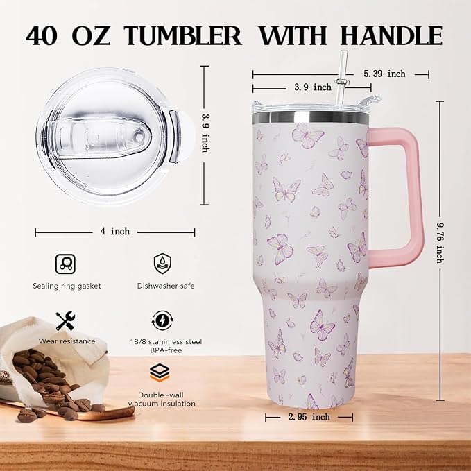 Ceovfoi 40 oz Butterfly Coffee Mug Cup, Vacuum Insulated Travel Tumbler with Handle, Lid and Straw, Butterfly Gifts, Stylish Accessories for Women Girls