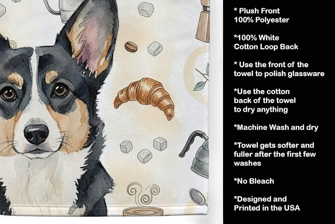 Caroline's Treasures Black and White Cardigan Welsh Corgi Coffee Bar Kitchen Towel Velour Plush Front and Cotton Loop Back Machine Washable