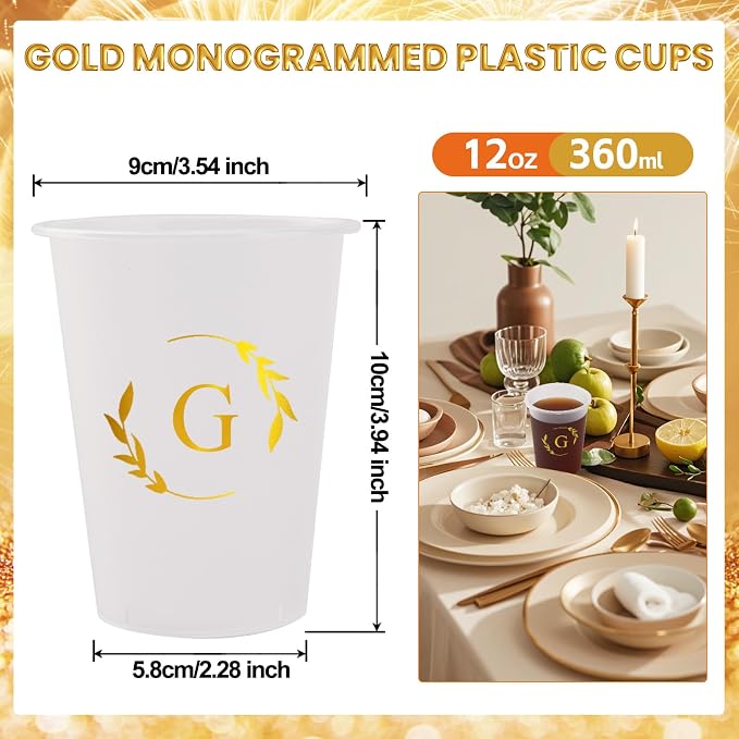 100 Monogrammed Cups Disposable Initial Plastic Cup 12 oz Wedding Personalized Cup for Wedding Reception Baby Shower Birthday Party(Letter G)