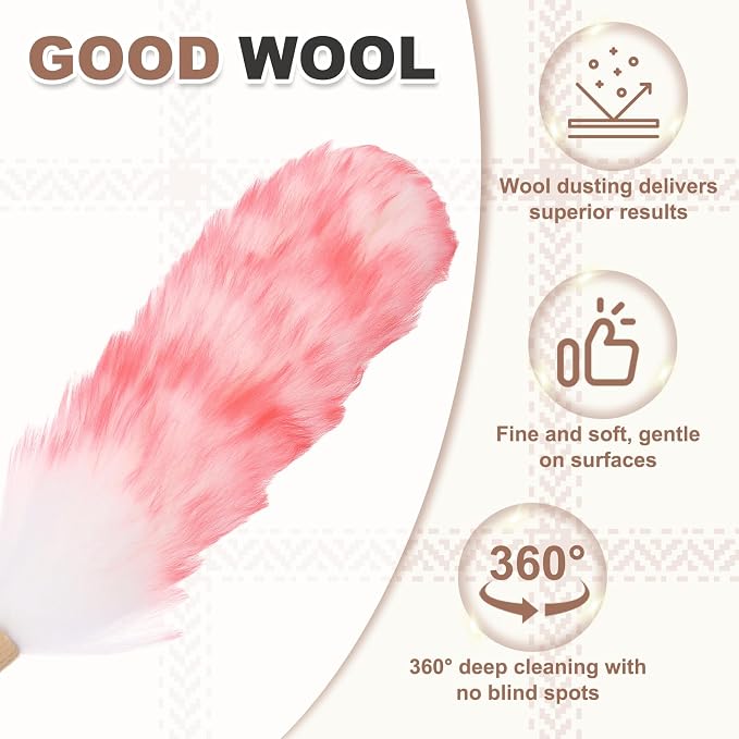uxcell Wool Duster, 24.4" Natural Feather Cleaner Household Cleaning Duster with Solid Wooden Handle for Cleaning Fans Window Blinds Shelves Furniture, White Pink