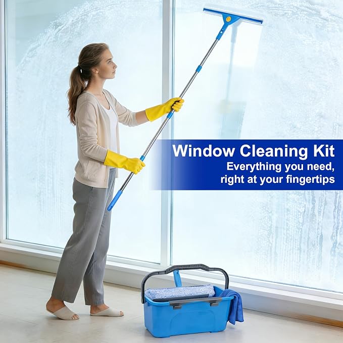 Professional Window Cleaning Kit, Window Washing Kit with 3 Gallon Bucket, 14-Inch Squeegee & 15-Inch Scrubber, 61-Inch Extendable Pole, Window Cleaning Equipment for Home & Commercial (61 inch-2)