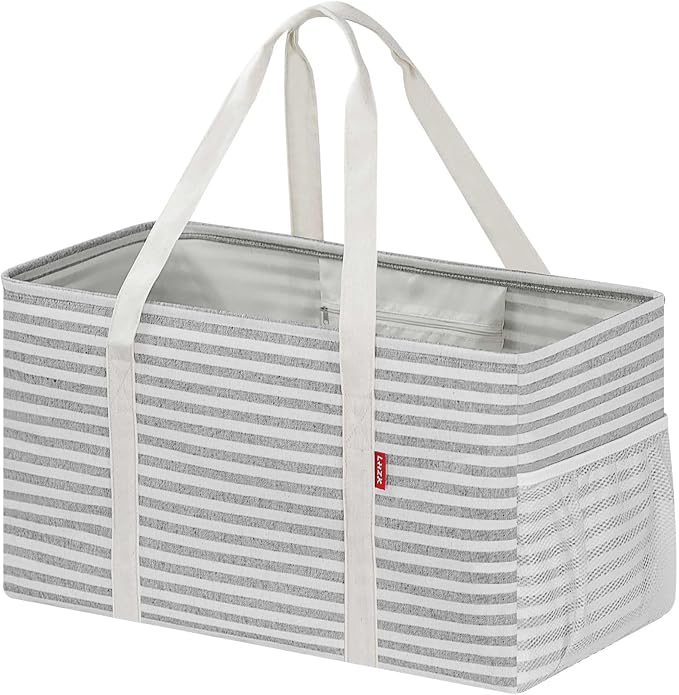 LHZK Standing Extra Large Utility Tote Bag with Metal Wire Frame and the Sides Rinforced, Extra Large Tote Bag with Handle, Reusable Grocery Bags Foldable, Beach Bag, Car Tote (Gray) | 22.5×10.5×12 inch