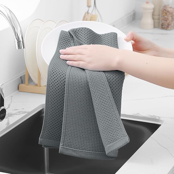 Homaxy 100% Cotton Waffle Weave Kitchen Dish Towels, Ultra Soft Absorbent Quick Drying Cleaning Towel, 13 x 28 Inches, 24-Pack, Grey
